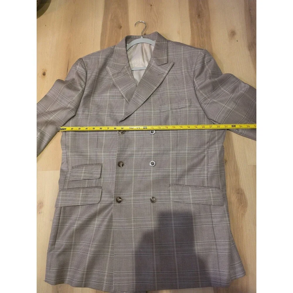 Stacy Adams Double Breasted Sport Coat Mens 44R Tan Plaid Peak Lapel Blazer
